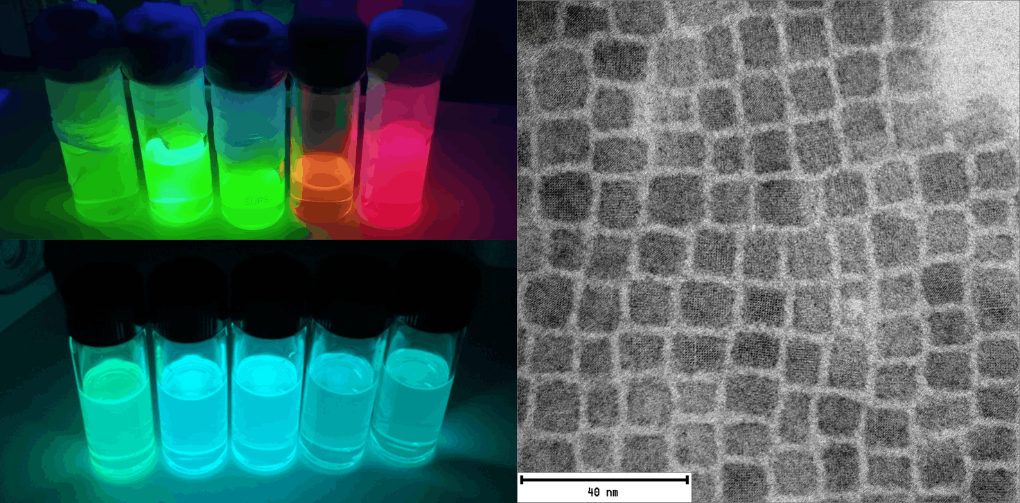 Fluorescent colloidal nanocrystal samples beside a microscopy image of nanocrystals